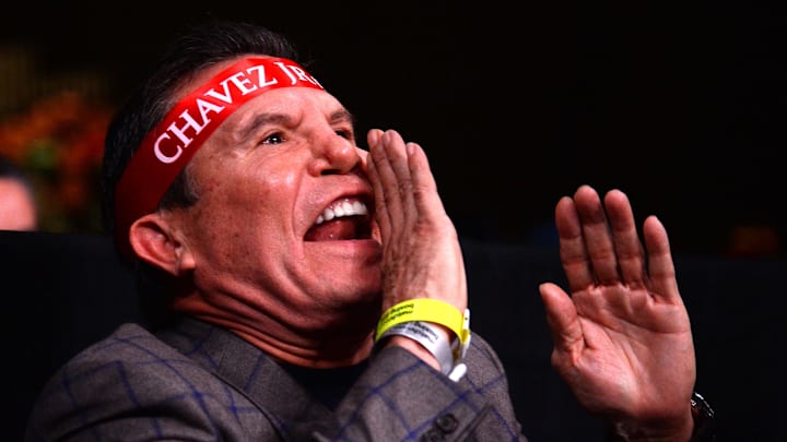 Dec 20, 2019; Phoenix, AZ, USA; Julio Cesar Chavez Sr shouts during the  Julio Cesar Chavez Jr (not pictured) and Daniel Jacobs (not pictured) during their super middleweight bout at Talking Stick Resort Arena. Jacobs won via sixth round TKO after Chavez quit in his corner. Mandatory Credit: Joe Camporeale-Imagn Images
