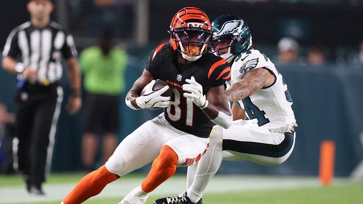 Aug 28, 2026; Philadelphia, Pennsylvania, USA; Cincinnati Bengals wide receiver Dohnte Meyers (81) runs with the ball against Philadelphia Eagles cornerback Kapena Gushiken (34) after a catch during the first quarter at Lincoln Financial Field. Mandatory Credit: Bill Streicher-Imagn Images Aug 28, 2026; Philadelphia, Pennsylvania, USA; Cincinnati Bengals wide receiver Dohnte Meyers (81) runs with the ball against Philadelphia Eagles cornerback Kapena Gushiken (34) after a catch during the first quarter at Lincoln Financial Field. Mandatory Credit: Bill Streicher-Imagn Images
