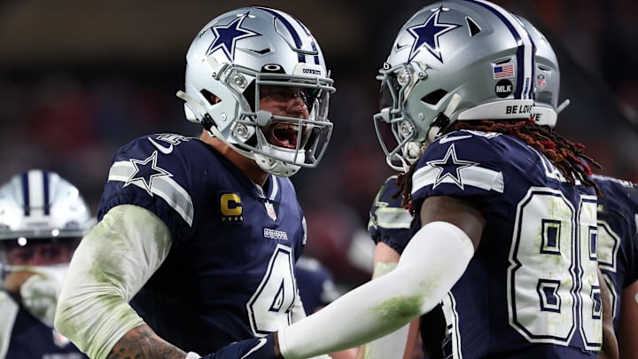 Dallas Cowboys stars Dak Prescott and CeeDee Lamb celebrate after a touchdown against the Tampa Bay Buccaneers. Dallas Cowboys stars Dak Prescott and CeeDee Lamb celebrate after a touchdown against the Tampa Bay Buccaneers.