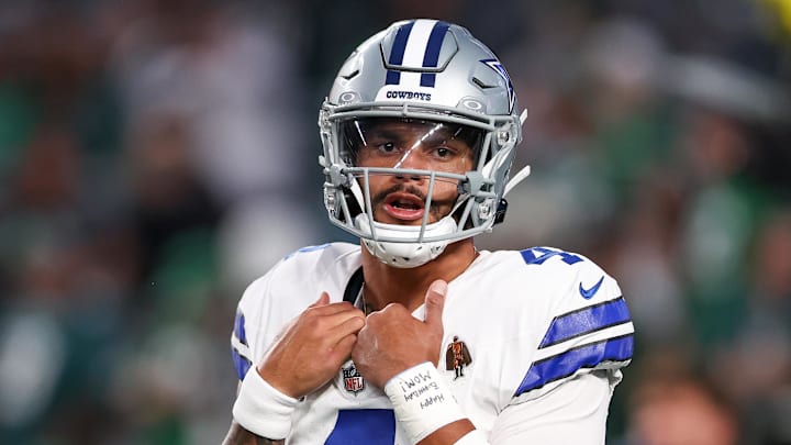 Dallas Cowboys quarterback Dak Prescott (4) looks on during warmups prior to the game against the Philadelphia Eagles at Lincoln Financial Field. 