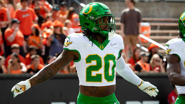 Oregon running back Jordan James works out during warm-ups as the Oregon State Beavers host the Oregon Ducks.
