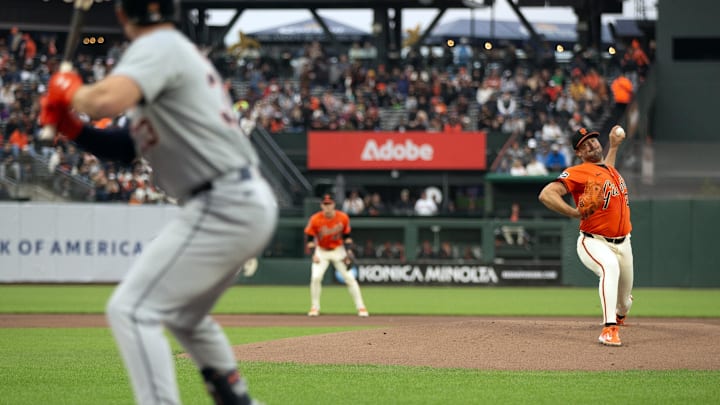 Aug 9, 2024; San Francisco, California, USA; San Francisco Giants starting pitcher Robbie Ray (23) delivers a pitch against the Detroit Tigers during the first inning at Oracle Park. Aug 9, 2024; San Francisco, California, USA; San Francisco Giants starting pitcher Robbie Ray (23) delivers a pitch against the Detroit Tigers during the first inning at Oracle Park.