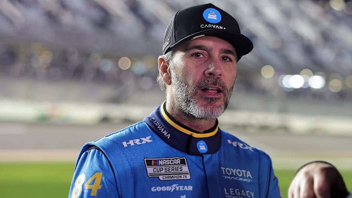 Feb 11, 2026; Daytona Beach, Florida, USA; NASCAR Cup Series driver Jimmie Johnson (84) during qualifying for the Daytona 500 at Daytona International Speedway. Mandatory Credit: Mike Dinovo-Imagn Images