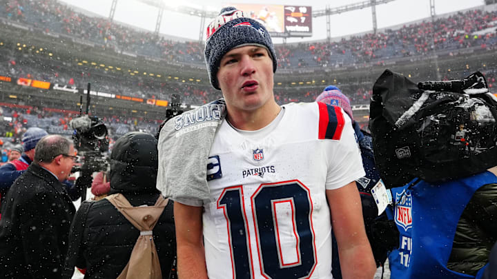 Jan 25, 2026; Denver, CO, USA; New England Patriots quarterback Drake Maye (10) reacts after defeating the Denver Broncos in the 2026 AFC Championship Game at Empower Field at Mile High. Mandatory Credit: Ron Chenoy-Imagn Images