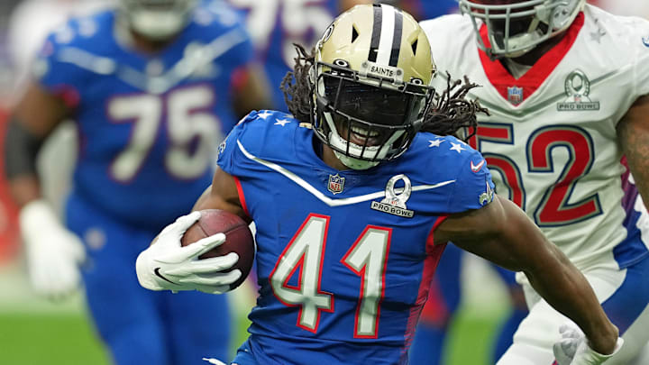 Feb 6, 2022; NFC running back Alvin Kamara of the New Orleans Saints runs the ball against the AFC during the Pro Bowl game