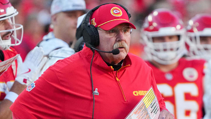 Nov 10, 2024; Kansas City, Missouri, USA; Kansas City Chiefs head coach Andy Reid watches play against the Denver Broncos during the second half at GEHA Field at Arrowhead Stadium. Mandatory Credit: Denny Medley-Imagn Images