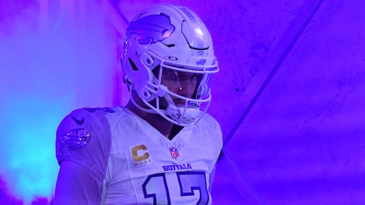 Oct 5, 2025; Orchard Park, New York, USA; Buffalo Bills quarterback Josh Allen (17) will have only one stadium to go to after Monday night.