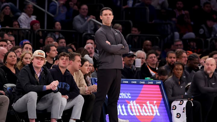 Jan 10, 2025; New York, New York, USA; Oklahoma City Thunder head coach Mark Daigneault coaches against the New York Knicks during the first quarter at Madison Square Garden. Mandatory Credit: Brad Penner-Imagn Images