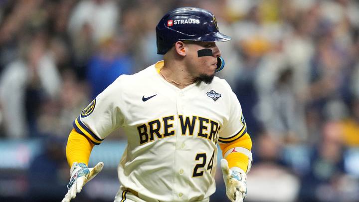 Oct 23, 2026; Milwaukee, Wisconsin, USA; Milwaukee Brewers catcher William Contreras (24) runs the bases after hitting a single against the Tampa Bay Rays during the eighth inning in game one of the 2026 World Series at American Family Field. Mandatory Credit: Michael McLoone-Imagn Images Oct 23, 2026; Milwaukee, Wisconsin, USA; Milwaukee Brewers catcher William Contreras (24) runs the bases after hitting a single against the Tampa Bay Rays during the eighth inning in game one of the 2026 World Series at American Family Field. Mandatory Credit: Michael McLoone-Imagn Images