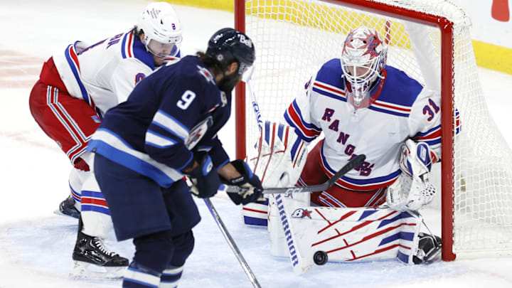 Oct 30, 2023; Winnipeg, Manitoba, CAN; New York Rangers goaltender Igor Shesterkin (31) stops a shot