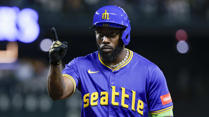Sep 25, 2025; Seattle, Washington, USA; Seattle Mariners left fielder Randy Arozarena (56) reacts towards the dugout after hitting a two-run single against the Colorado Rockies during the fourth inning at T-Mobile Park. Mandatory Credit: Joe Nicholson-Imagn Images Sep 25, 2025; Seattle, Washington, USA; Seattle Mariners left fielder Randy Arozarena (56) reacts towards the dugout after hitting a two-run single against the Colorado Rockies during the fourth inning at T-Mobile Park. Mandatory Credit: Joe Nicholson-Imagn Images