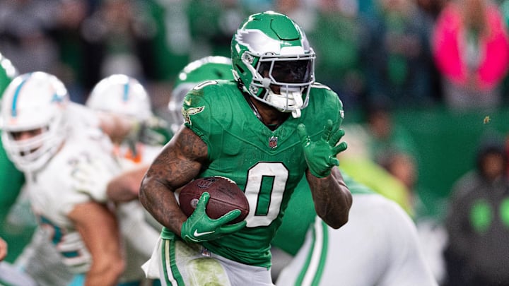 Oct 22, 2023; Philadelphia, Pennsylvania, USA; Philadelphia Eagles running back D'Andre Swift (0)