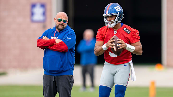 Head coach Brian Daboll and Russell Wilson, quarterback with the NY Giants, are shown during practice at Quest Diagnostics Training Center, East Rutherford, NJ, May 28, 2025.