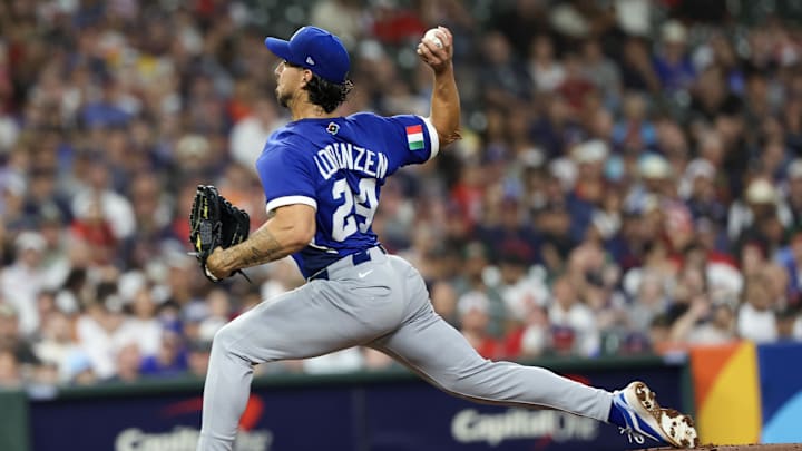 Mar 10, 2026; Houston, TX, United States; Italy starting pitcher Michael Lorenzen (24) pitches against United States in the first inning at Daikin Park. Mandatory Credit: Thomas Shea-Imagn Images