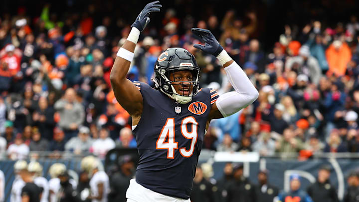 Oct 19, 2025; Chicago, Illinois, USA; Chicago Bears middle linebacker Tremaine Edmunds (49) reacts against the New Orleans Saints during the first quarter at Soldier Field. Mandatory Credit: Mike Dinovo-Imagn Images