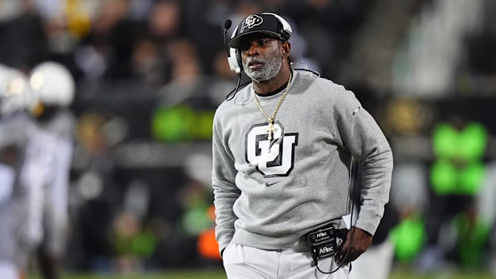Oct 26, 2024; Boulder, Colorado, USA; Colorado Buffaloes head coach Deion Sanders walks the sidelines in the second half against the Cincinnati Bearcats at Folsom Field.