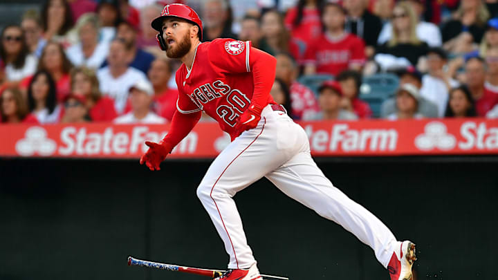 June 25, 2022; Anaheim, California, USA; Los Angeles Angels first baseman Jared Walsh (20) hits a