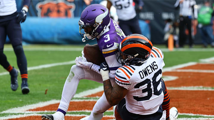 Nov 24, 2024; Chicago, Illinois, USA; Minnesota Vikings wide receiver Jordan Addison (3) catches a touchdown pass against Chicago Bears safety Jonathan Owens (36) during the second quarter at Soldier Field. Nov 24, 2024; Chicago, Illinois, USA; Minnesota Vikings wide receiver Jordan Addison (3) catches a touchdown pass against Chicago Bears safety Jonathan Owens (36) during the second quarter at Soldier Field.
