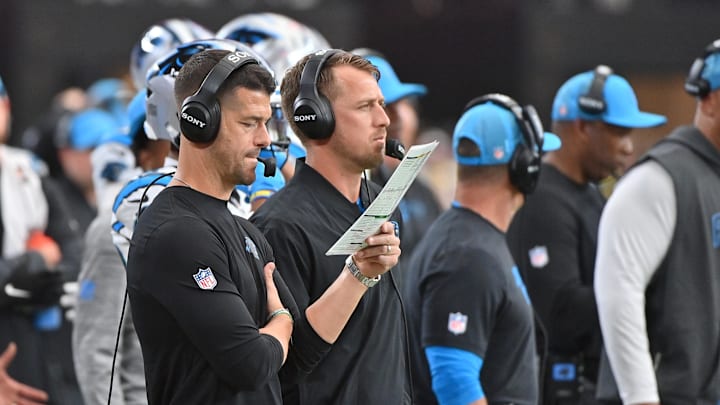 Sep 14, 2025; Glendale, Arizona, USA; Carolina Panthers head coach Dave Canales looks on during the third quarter against the Arizona Cardinals at State Farm Stadium. Mandatory Credit: Matt Kartozian-Imagn Images Sep 14, 2025; Glendale, Arizona, USA; Carolina Panthers head coach Dave Canales looks on during the third quarter against the Arizona Cardinals at State Farm Stadium. Mandatory Credit: Matt Kartozian-Imagn Images