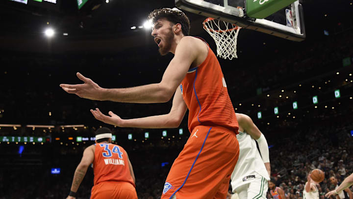 Apr 3, 2024; Boston, Massachusetts, USA; Oklahoma City Thunder forward Chet Holmgren (7) reacts