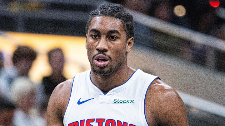 Nov 29, 2024; Indianapolis, Indiana, USA; Detroit Pistons guard Jaden Ivey (23)  in the first half against the Indiana Pacers at Gainbridge Fieldhouse. Mandatory Credit: Trevor Ruszkowski-Imagn Images