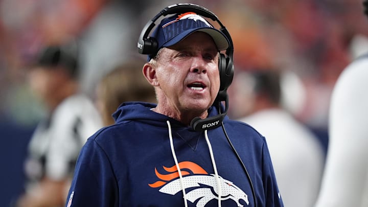 Aug 16, 2025; Denver, Colorado, USA; Denver Broncos head coach Sean Payton calls out during the first quarter against the Arizona Cardinals at Empower Field at Mile High. 