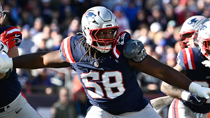 Nov 2, 2025; Foxborough, Massachusetts, USA; New England Patriots center Jared Wilson (58) in coverage during the first half against the Atlanta Falcons at Gillette Stadium. Mandatory Credit: Eric Canha-Imagn Images