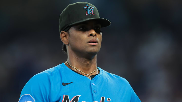 Aug 3, 2025; Miami, Florida, USA; Miami Marlins starting pitcher Edward Cabrera (27) looks on against the New York Yankees during the first inning at loanDepot Park. Mandatory Credit: Sam Navarro-Imagn Images Aug 3, 2025; Miami, Florida, USA; Miami Marlins starting pitcher Edward Cabrera (27) looks on against the New York Yankees during the first inning at loanDepot Park. Mandatory Credit: Sam Navarro-Imagn Images