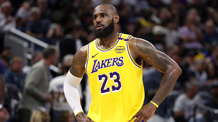 Mar 24, 2025; Orlando, Florida, USA; Los Angeles Lakers forward LeBron James (23) looks on against the Orlando Magic in the second quarter at Kia Center. Mandatory Credit: Nathan Ray Seebeck-Imagn Images