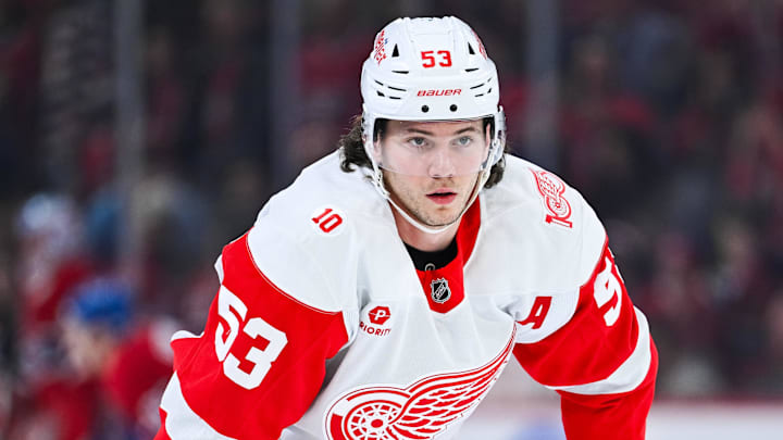 Jan 10, 2026; Montreal, Quebec, CAN; Detroit Red Wings defenseman Moritz Seider (53) looks on during warm-up before the game against the Montreal Canadiens at Bell Centre. Mandatory Credit: David Kirouac-Imagn Images
