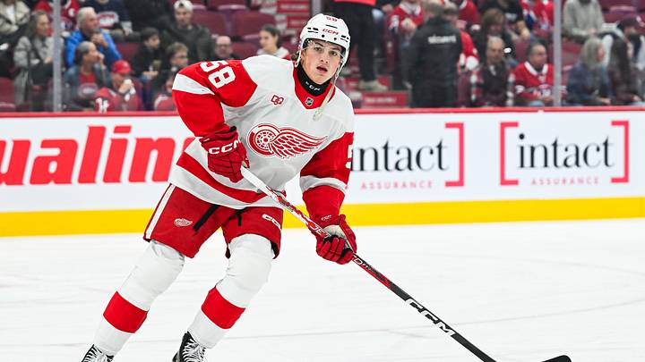 Oct 10, 2026; Montreal, Quebec, CAN; Detroit Red Wings center Emmitt Finnie (58) skates during warm-up before the game against the Montreal Canadiens at Bell Centre. Mandatory Credit: David Kirouac-Imagn Images