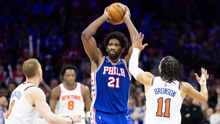 Apr 25, 2024; Philadelphia, Pennsylvania, USA; Philadelphia 76ers center Joel Embiid (21) controls Apr 25, 2024; Philadelphia, Pennsylvania, USA; Philadelphia 76ers center Joel Embiid (21) controls