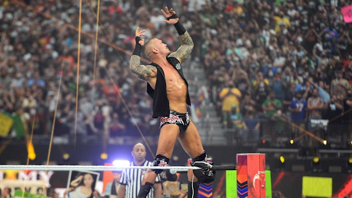 Aug 21, 2021; Paradise, Nevada, USA; Randy Orton (black trunks) 
