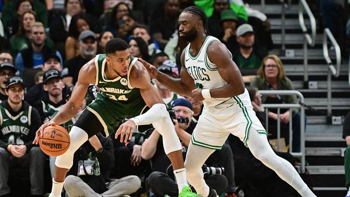 Nov 10, 2024; Milwaukee, Wisconsin, USA; Milwaukee Bucks forward Giannis Antetokounmpo (34) is guarded by Boston Celtics forward Jaylen Brown (7) in the fourth quarter at Fiserv Forum. Mandatory Credit: Benny Sieu-Imagn Images Nov 10, 2024; Milwaukee, Wisconsin, USA; Milwaukee Bucks forward Giannis Antetokounmpo (34) is guarded by Boston Celtics forward Jaylen Brown (7) in the fourth quarter at Fiserv Forum. Mandatory Credit: Benny Sieu-Imagn Images