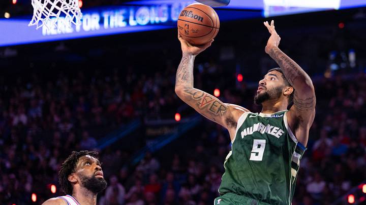 Oct 24, 2026; Philadelphia, Pennsylvania, USA; Milwaukee Bucks center Kel'el Ware (9) drives against Philadelphia 76ers center Joel Embiid (21) during the third quarter at Xfinity Mobile Arena. Mandatory Credit: Bill Streicher-Imagn Images