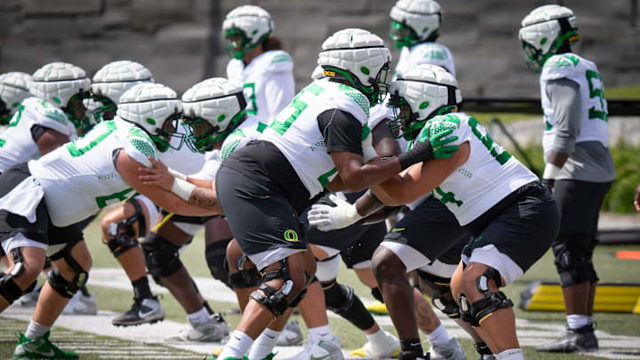 Oregon offensive linemen Ajani Cornelius, left, and Ty Delgado at practice, August 2024. Episode two of "Under Construction" came out Thursday night.