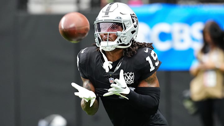 Sep 29, 2024; Paradise, Nevada, USA; Las Vegas Raiders wide receiver DJ Turner (19) warms up before a game against the Cleveland Browns at Allegiant Stadium. Mandatory Credit: Stephen R. Sylvanie-Imagn Images