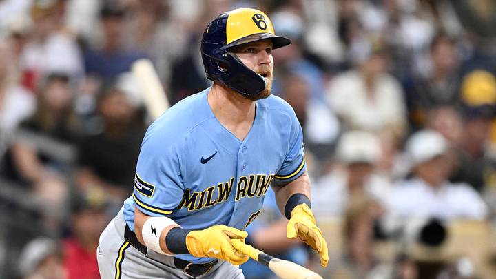 Aug 10, 2026; San Diego, California, USA; Milwaukee Brewers first baseman Jake Bauers (9) hits a double during the third inning against the San Diego Padres at Petco Park. Mandatory Credit: Denis Poroy-Imagn Images Aug 10, 2026; San Diego, California, USA; Milwaukee Brewers first baseman Jake Bauers (9) hits a double during the third inning against the San Diego Padres at Petco Park. Mandatory Credit: Denis Poroy-Imagn Images