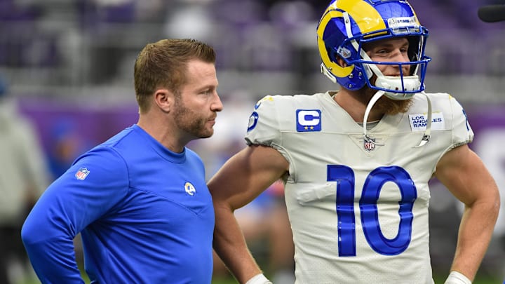 Dec 26, 2021; Minneapolis, Minnesota, USA; Los Angeles Rams head coach Sean McVay and wide receiver Cooper Kupp (10) look on before the game against the Minnesota Vikings at U.S. Bank Stadium. Mandatory Credit: Jeffrey Becker-Imagn Images Dec 26, 2021; Minneapolis, Minnesota, USA; Los Angeles Rams head coach Sean McVay and wide receiver Cooper Kupp (10) look on before the game against the Minnesota Vikings at U.S. Bank Stadium. Mandatory Credit: Jeffrey Becker-Imagn Images