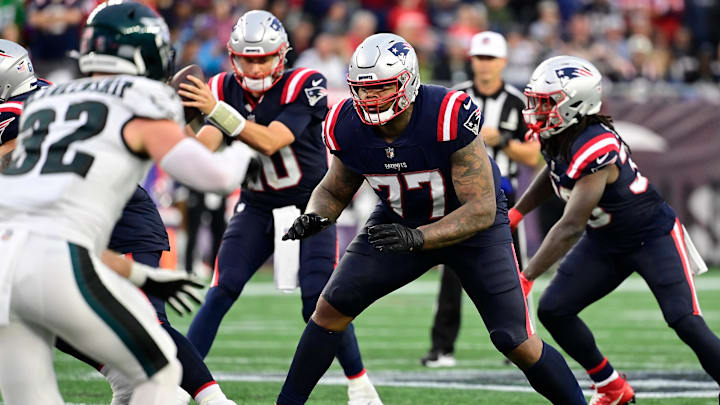 Sep 10, 2023; Foxborough, Massachusetts, USA; New England Patriots offensive tackle Trent Brown (77)