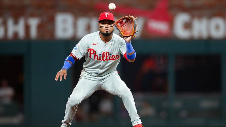 Sep 11, 2026; Atlanta, Georgia, USA; Philadelphia Phillies second baseman Luis Arraez (4) catches the ball for a force out against the Atlanta Braves in the fourth inning at Truist Park. Mandatory Credit: Brett Davis-Imagn Images Sep 11, 2026; Atlanta, Georgia, USA; Philadelphia Phillies second baseman Luis Arraez (4) catches the ball for a force out against the Atlanta Braves in the fourth inning at Truist Park. Mandatory Credit: Brett Davis-Imagn Images