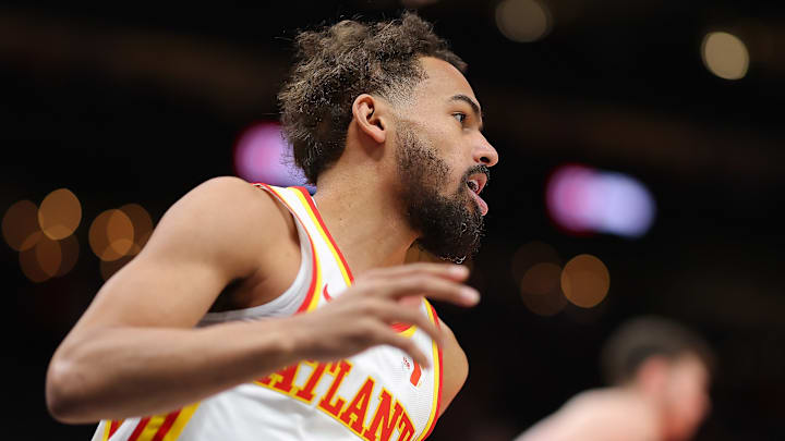 Trae Young #11 of the Atlanta Hawks reacts against the Portland Trail Blazers.