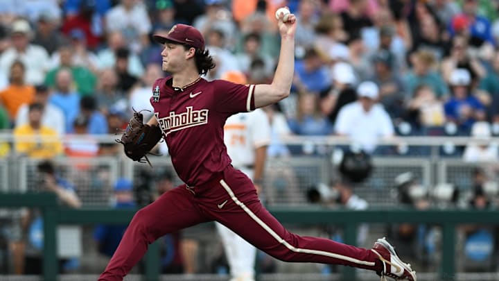 Jun 14, 2024; Omaha, NE, USA;  Florida State Seminoles starting pitcher Jamie Arnold (16) throws against the Tennessee Volunteers during the sixth inning at Charles Schwab Filed Omaha. Mandatory Credit: Steven Branscombe-Imagn Images