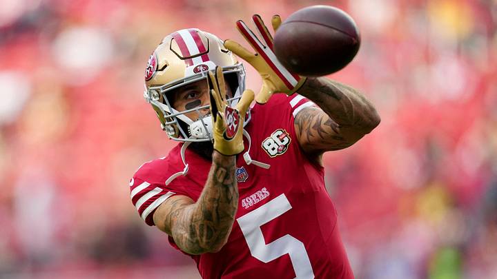 San Francisco 49ers wide receiver Mike Evans (5) warms up before the game against the Washington Commanders at Levi's Stadium. Mandatory Credit: Cary Edmondson-Imagn Images San Francisco 49ers wide receiver Mike Evans (5) warms up before the game against the Washington Commanders at Levi's Stadium. Mandatory Credit: Cary Edmondson-Imagn Images