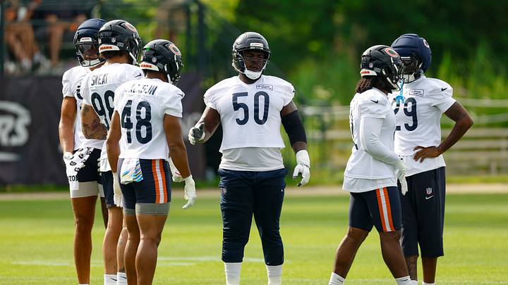 Jul 31, 2026; Lake Forest, IL, USA; Chicago Bears defensive end Grady Jarrett (50) talks to his teammates during Training Camp at Halas Hall. Mandatory Credit: Kamil Krzaczynski-Imagn Images Jul 31, 2026; Lake Forest, IL, USA; Chicago Bears defensive end Grady Jarrett (50) talks to his teammates during Training Camp at Halas Hall. Mandatory Credit: Kamil Krzaczynski-Imagn Images
