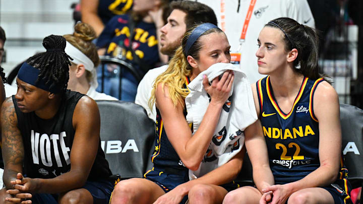 Caitlin Clark and Lexi Hull on the bench late in the Fever’s Game 1 loss. 