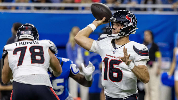 Aug 23, 2025; Detroit, Michigan, USA; Houston Texans quarterback Kedon Slovis (16) passes the ball against the Detroit Lions during the second half at Ford Field. Mandatory Credit: David Reginek-Imagn Images