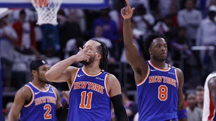 Jalen Brunson celebrates his series-winning shot against the Detroit Pistons. 