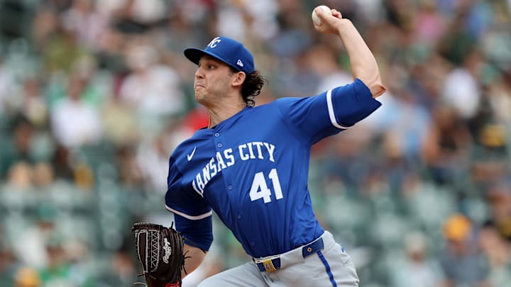 Sep 28, 2025; West Sacramento, California, USA; Kansas City Royals pitcher Daniel Lynch IV (41) throws a pitch against the Athletics during the fifth inning at Sutter Health Park. Mandatory Credit: Dennis Lee-Imagn Images