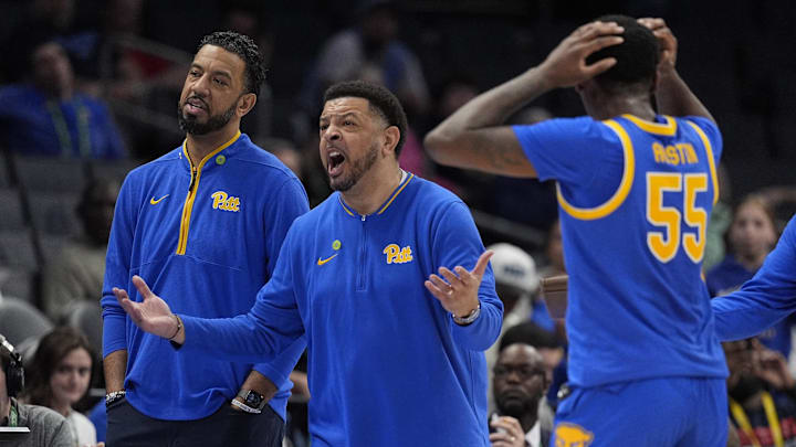 Mar 11, 2025; Charlotte, NC, USA; Pittsburgh Panthers head coach Jeff Capelr reacts to a foul call with zero on the clock late during the second half at Spectrum Center. Mandatory Credit: Jim Dedmon-Imagn Images